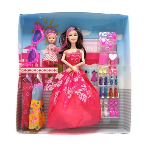 кукла-мама в бальном платье с ребенком, одеждой, обувью, 32*30см, к/к 630к9