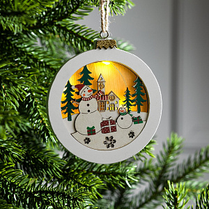 подвеска украшение световая шар со снеговиком дерев. 10,5*1,5*1,5см 6117364 /luazon lighting