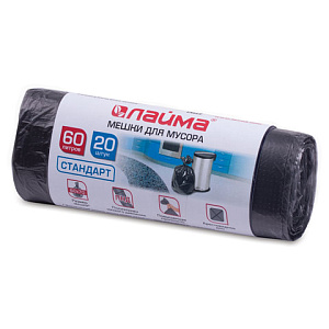 мешки для мусора 60л 20шт/рул, 60*70 пнд, 10мкм, черные 601381 /лайма