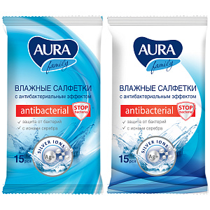 салфетки влажные, 15шт., антибактериальные family /аура